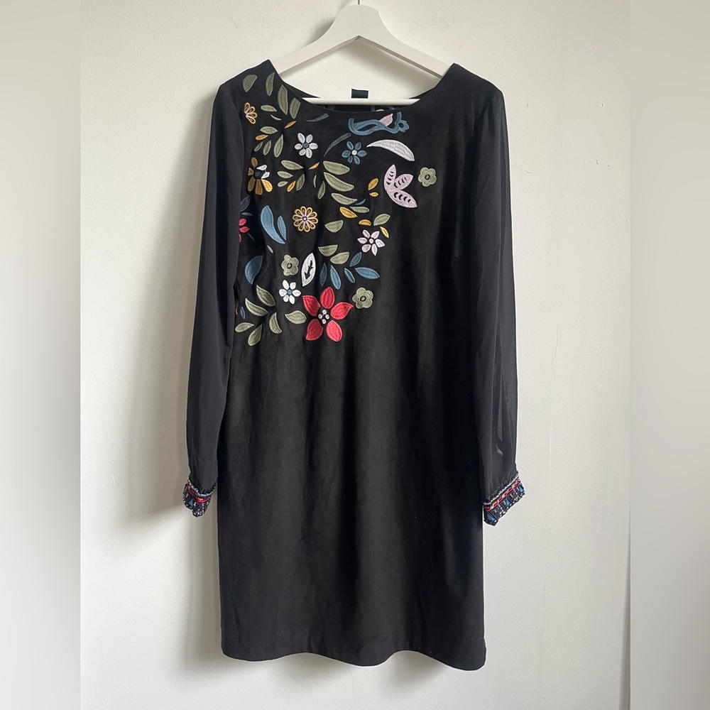 Desigual Sz 8 Embroidered Floral Black Mini Suede dress beads Whimsigoth sheer